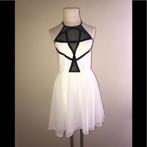 Black& White Halter Mesh Open Back Dress